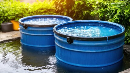 Two large blue drums full of clean potable water are stored outdoors in sunlight