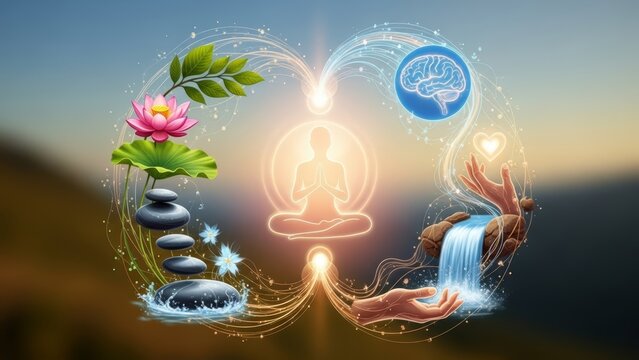 Meditating person in spiritual balance concept with nature, mind, and hands for holistic well-being and inner peace.