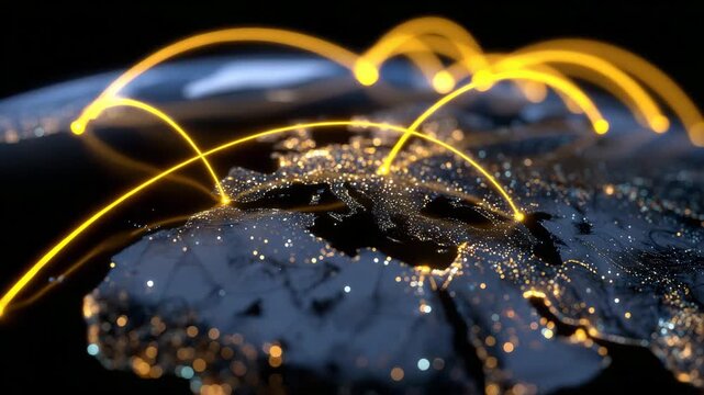 Futuristic 3D world map with glowing arcs representing cargo flights, animated aircraft icons flying along routes, highlighting global trade connections - Powered by Adobe