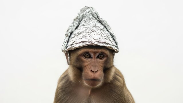 monkey wearing a tinfoil hat, paranoid, paranoia, on a white background, animal photo