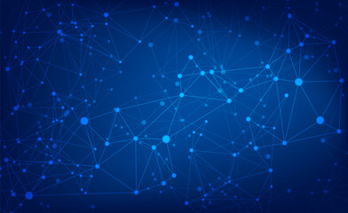 Deep blue abstract futuristic polygonal network background. Connecting dots and lines vector, big data, global communication, or science technology.