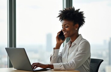 Black businesswoman talks on phone, types on laptop. She works in modern office with city view. African american woman smiles, enjoys work, career success.