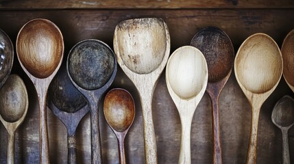 Wooden spoons and ladles in a collection display