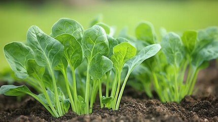 Young spinach leaves growing from the soil in bright sunlight