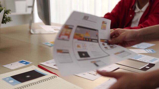 Excellent startup company employee presenting user interface prototype for mobile application to smart co-worker in office workspace. UX UI designer explain function of icon design on paper. Synergic