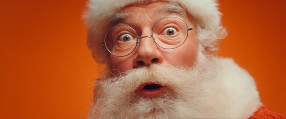 Surprised Santa Claus With Expressive Eyes and Fluffy White Beard on Bright Orange Background During Holiday Season