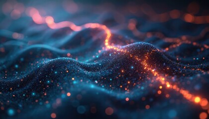 Abstract waves of blue and orange light particles pulse. Digital energy flows across a dark fluid surface. Futuristic data streams shimmer, suggesting connectivity.