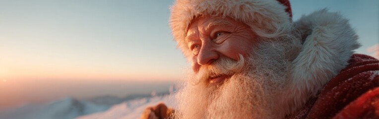 Obraz premium Joyful Santa Claus Smiles Warmly as He Gazes at the Sunrise Over Snowy Mountains During the Festive Season
