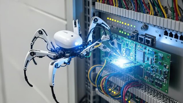 Robotic spider device approaches server rack in data center. Automated inspection of networking hardware for maintenance. Cloud computing and 5G technology integration sequence. video footage video