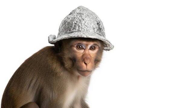 monkey wearing a tinfoil hat, paranoid, paranoia, on a white background, animal photo