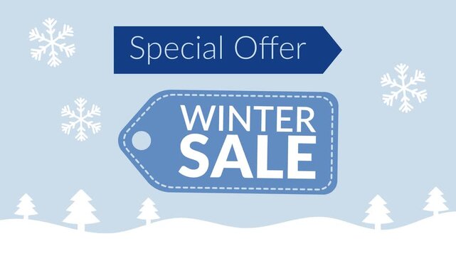 winter sale theme. Animation featuring a tag that says "Winter Sale" with decorations of some snowflakes, frozen trees, and snowy hills. Special offer. simple animation. Motion graphic.