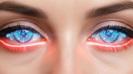 Womans eyes transforming in digital animation. Blue glowing cyber enhancement with scan lines. Futuristic technology vision sequence evolving to red and back to natural green. video footage video - Powered by Adobe