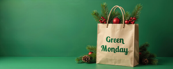 Paper shopping bag decorated with pine branches and red balls. The bag has green text Green Monday written on it. Perfect for eco conscious holiday shopping.