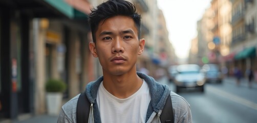 Young Filipino man poses for portrait on city street with serious expression. Wears casual clothes, backpack, looking directly at camera with intense eyes, conveying sense of determination