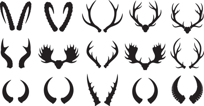 Set of diverse animal horn and antler silhouettes featuring deer, moose, ram, and ibex designs on white background. Vector