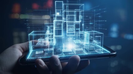 A human hand holds a smartphone displaying a glowing blue holographic projection of futuristic city buildings representing digital technology and urban planning concepts - Powered by Adobe