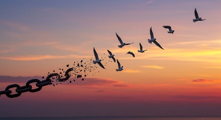 Breaking Free Chain Transforming into Birds Against a Colorful Sunset Sky