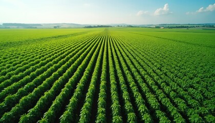 Aerial view of vast soybean farm with green plants in rows. Soybean field under blue sky with clouds. Green agricultural landscape with cultivated soybeans. Rural countryside with soybean plantation.