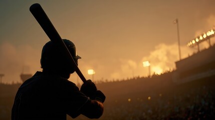 Silhouette of Baseball Player at Sunset with Stadium Lights