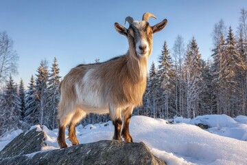 Fototapeta premium Goat Standing on a Rock in a Snowy Forest During Winter Sunset in a Peaceful Natural Setting