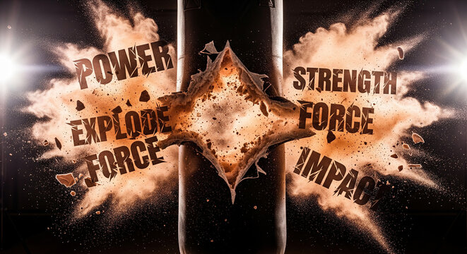 Explosive Power Punch Shattering a Heavy Bag During Training.
A powerful, high-impact image showing a heavy punching bag being struck with such force that it appears to explode