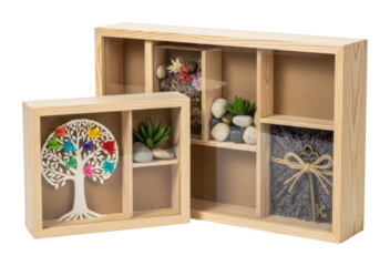 Creative wood display boxes for home and organization ideas isolated on transparent background