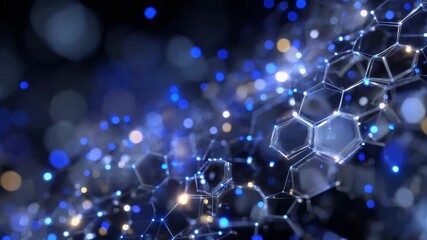 Macro photograph of geometric hexagonal pattern in varying blue shades, semi-transparent overlay mapping the network links between pieces, deep dark background - Powered by Adobe