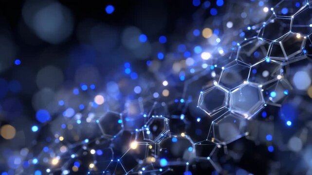 Macro photograph of geometric hexagonal pattern in varying blue shades, semi-transparent overlay mapping the network links between pieces, deep dark background