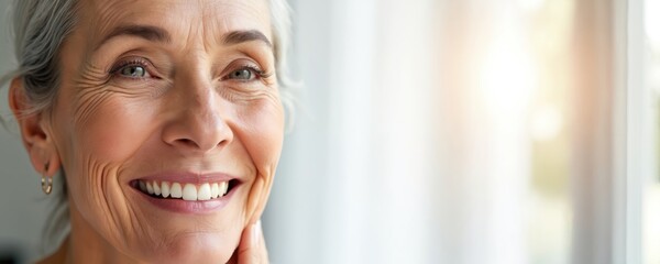 Mature woman smiles looking sideways with gentle wrinkles around her eyes and mouth. Natural healthy skin shows signs of aging gracefully. Portrait captures inner joy and confidence.