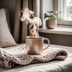 Hot morning beverage, a black coffee mug and tea cup with saucer, plate of cookies on white cafe table