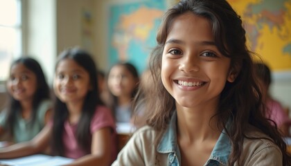 Obraz premium Smiling schoolgirl in classroom with classmates. Girl smiles at camera. Children study in class. Education concept. Happy student in school, learning. Studying young people.