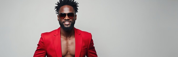 Obraz premium Man wears red blazer sunglasses studio portrait. Male model smiles, shows abs. Trendy fashion shot for web banner or ads. Confident look, stylish pose, cool demeanor.