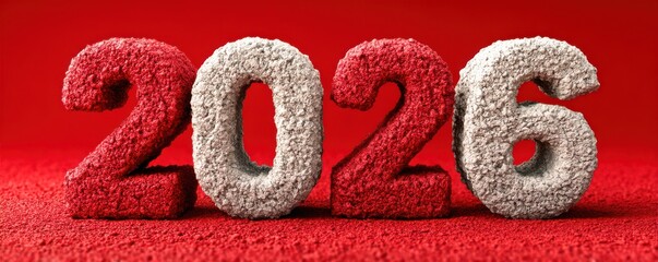 Three-Dimensional clay text forming 2026 on a bold red background for modern design