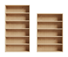 Stylish wooden bookshelves modern home office furniture design isolated on transparent background