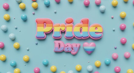 Colorful Pride Day celebration with rainbow text and pastel decorations