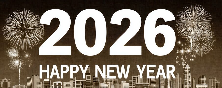 2026 New Year celebration with fireworks over the city skyline and festive lights