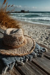 Fototapeta premium Straw sun hat rests on weathered wood by the beach with waves in the background