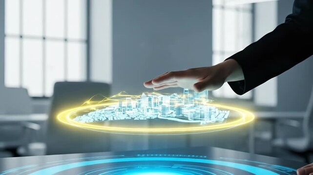Womans hand reaching toward holographic city network in office. Digital control evolving to touch interaction with glowing connections. Cloud computing and 5G technology concept for smart urban - Powered by Adobe