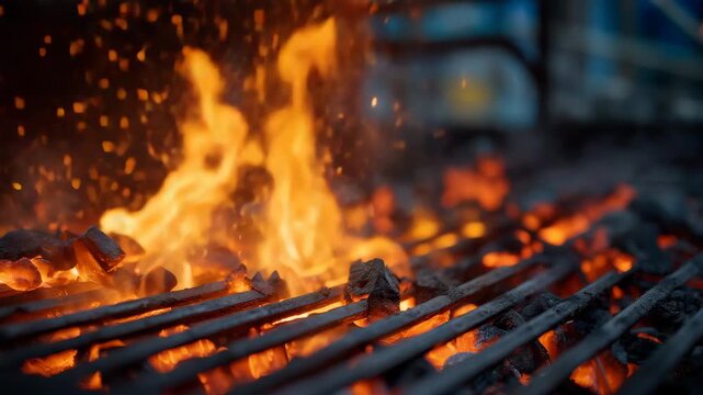 Macro view of a glowing metal grate inside a solid-fuel boiler, orange embers and rising heat distortions visible