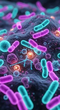 Abstract colorful glowing bacteria or probiotics macro background. Pink cyan rod shaped cells medical science concept. Ideal pharmaceutical packaging microbiome research biology presentations.