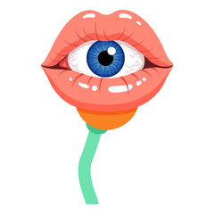 A surreal illustration of lips with a blue eye in the center on a green and orange stem like a flower