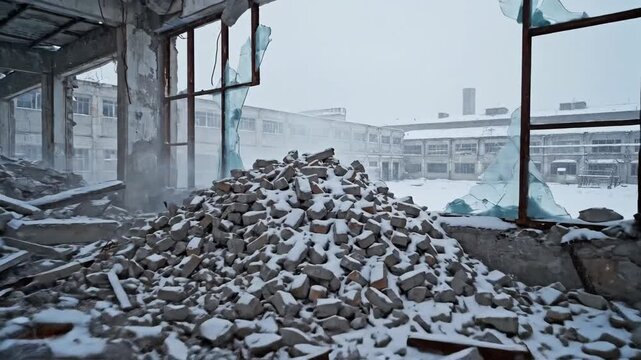 Destroyed building interior concrete debris rubble winter destruction wreckage