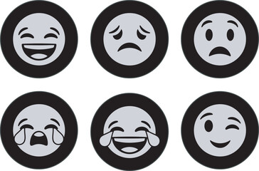 Fototapeta premium Six distinct black and white expressive emojis: laughing, sad, shocked, crying, joyful, and winking faces representing various human emotions. Vector