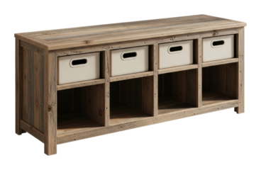 Rustic wooden storage bench with drawers for home organization isolated on transparent background