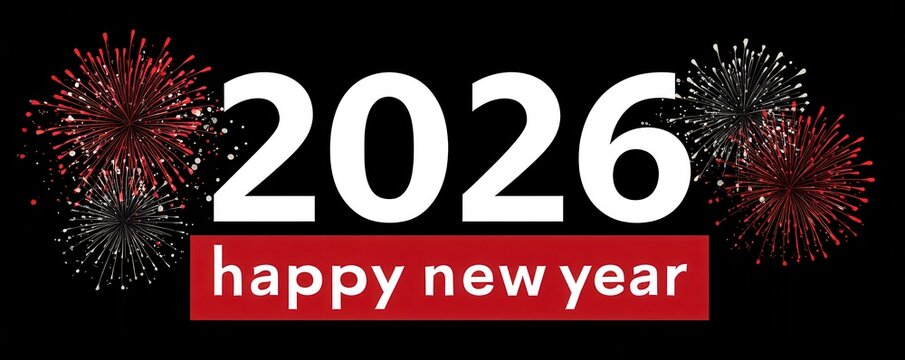2026 Happy New Year fireworks graphic banner with bold text on a black background - Powered by Adobe
