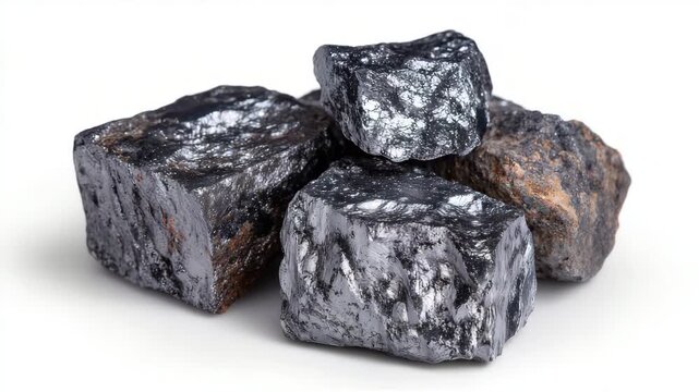 Macro view of rough silver ore chunks on white background, smooth edges and granular textures captured in detail