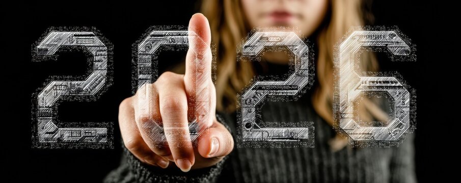 Close-up of a woman's hand pointing at a holographic 2026 digital number display - Powered by Adobe