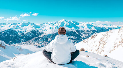 Meditative person in winter gear on snowy mountain peak, contemplating majestic panoramic vista of snow-capped mountains and distant alpine village under brilliant blue sky.