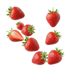 Fresh strawberries falling in motion kitchen food bright isolated on transparent background