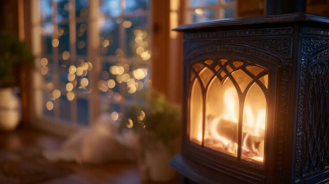 Pellet stove close-up showing glowing chamber and fine ash patterns, cozy warmth radiating through glass window